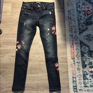Express Dark Denim Stretch Skinny Jeans with Floral Embroidery